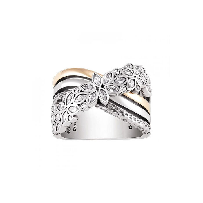 Anel Tashi com frisos prateados e um dourado e uma linha superiro com formas florais com zircónias.