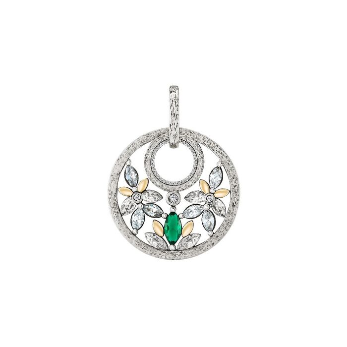 Medalha Tashi pendente com dois círculos e elementos florais em dourado e cravados de zircónias.