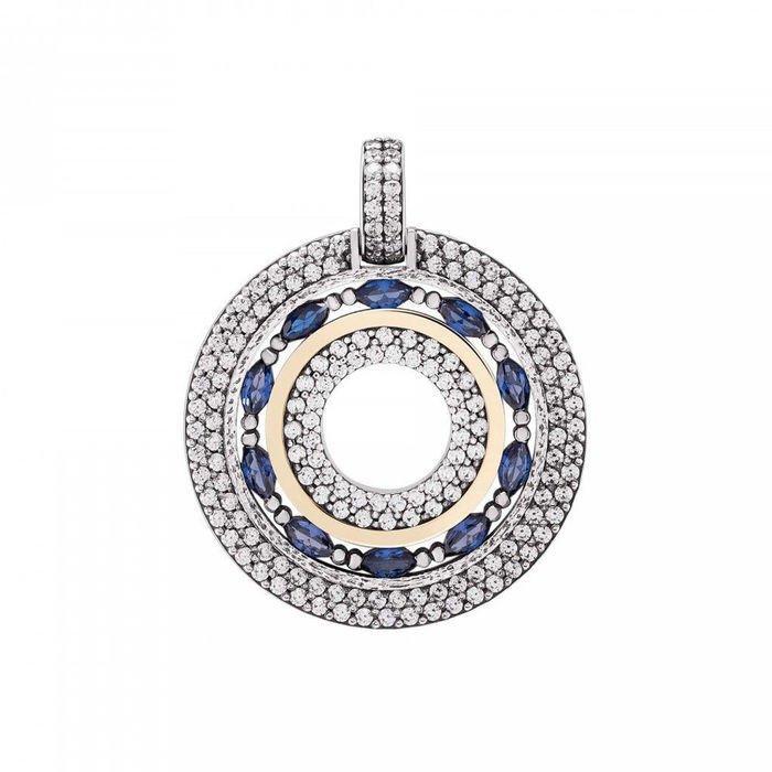 Medalha prateada Tashi circular cravada de zircónias e com pedras azuis juntas de uma linha dourada.