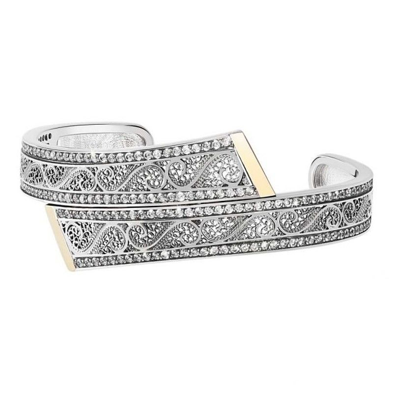 Escrava prateada Tashi de duas malhas em estilo de filigrana com duas filas de zircónias ao redor.