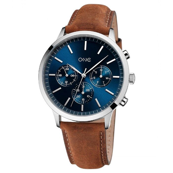 Relógio masculino One de bracelete em pele castanha e um mostrador azul estilo cronógrafo.