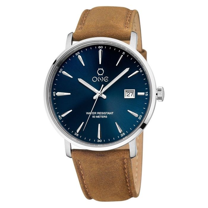 Relógio masculino One com uma bracelete em pele castanha e um mostrador azul com calendário.