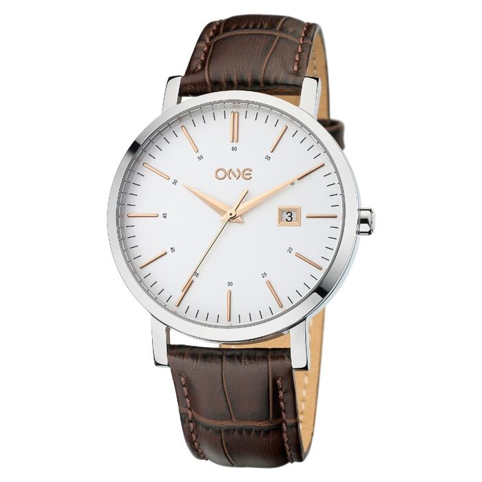 Relógio masculino One de bracelete em pele castanha e com um mostrador branco com calendário.
