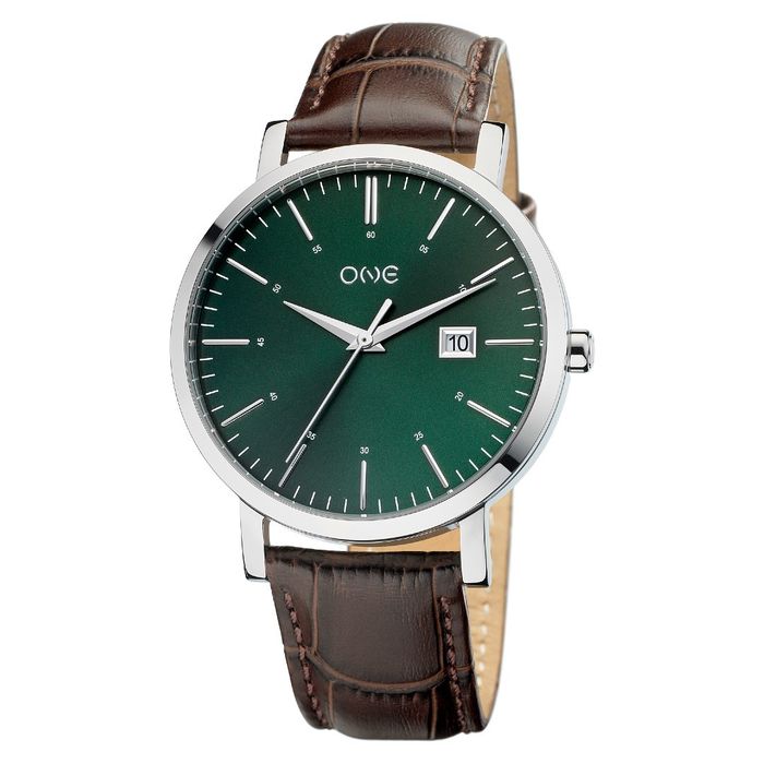 Relógio masculino One de bracelete em pele castanha e com um mostrador verde com calendário.