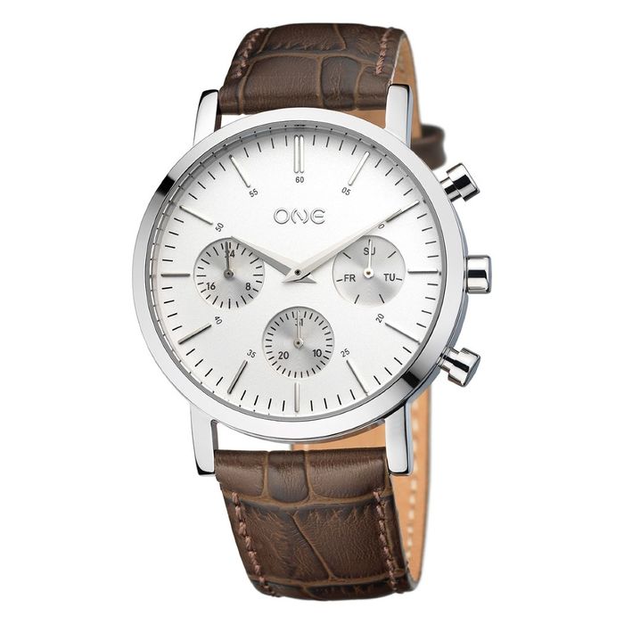 Relógio masculino One de bracelete em pele e com um mostrador branco em estilo cronógrafo.