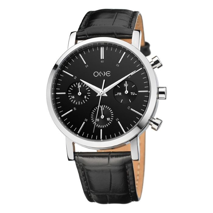 Relógio masculino One de bracelete em pele e com um mostrador preto em estilo cronógrafo.