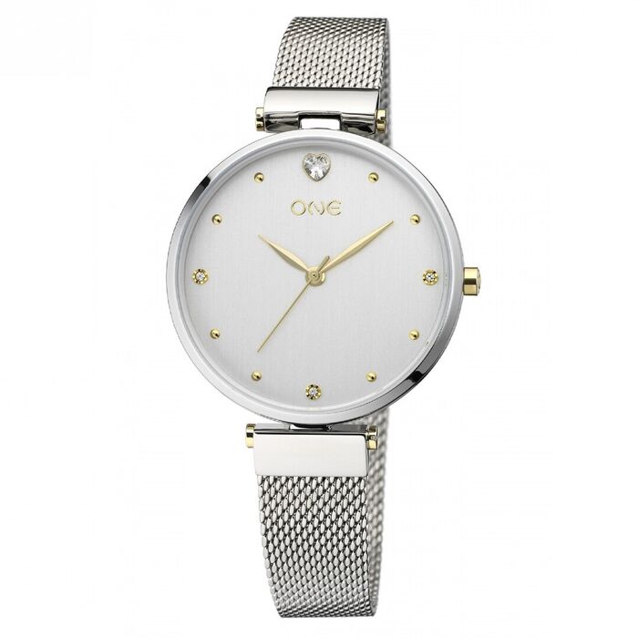 Relógio One feminino de bracelete e caixa prateada com índices dourados e com pedras no mostrador.