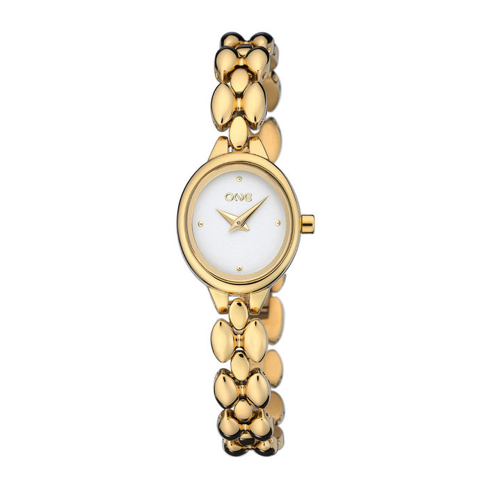 Relógio feminino One de bracelete dourada, com uma caixa pequena oval e com um mostrador branco.