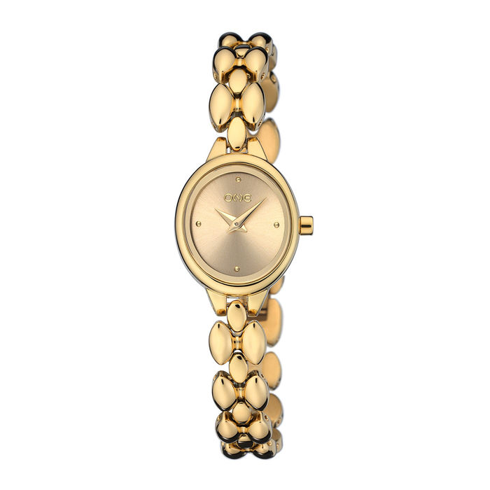 Relógio feminino One analógico de bracelete dourada e com uma caixa pequena oval.