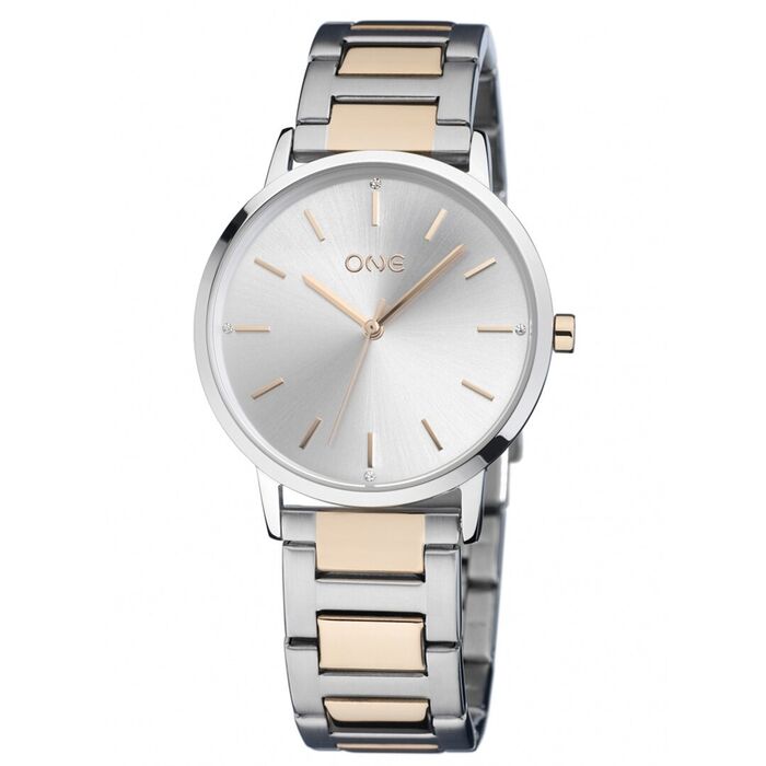 Relógio feminino One de bracelete prateada e rose gold e mostrador cinza com zircónias nos índices.