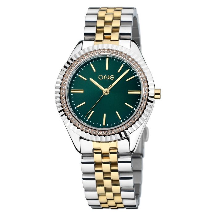 Relógio feminino One de bracelete prateada e dourada com um mostrador verde com pedras à volta.