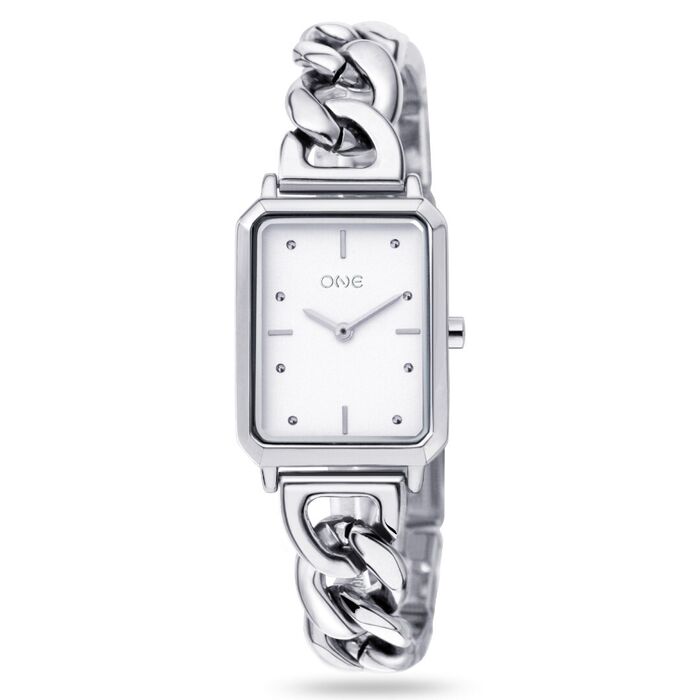 Relógio feminino analógico One de bracelete prateada e com uma caixa retangular de mostrador branco.