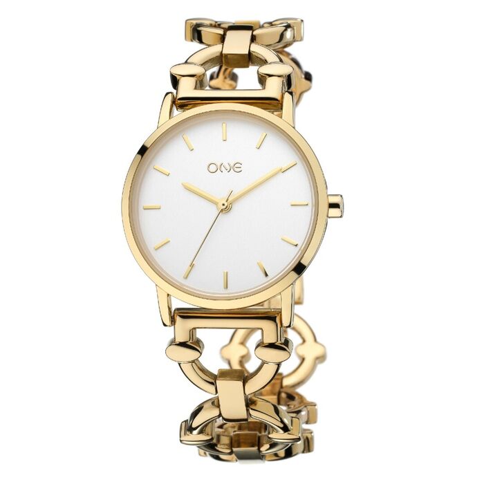 Relógio feminino One dourado com uma bracelete de elos semi-circulares e uma caixa redonda.