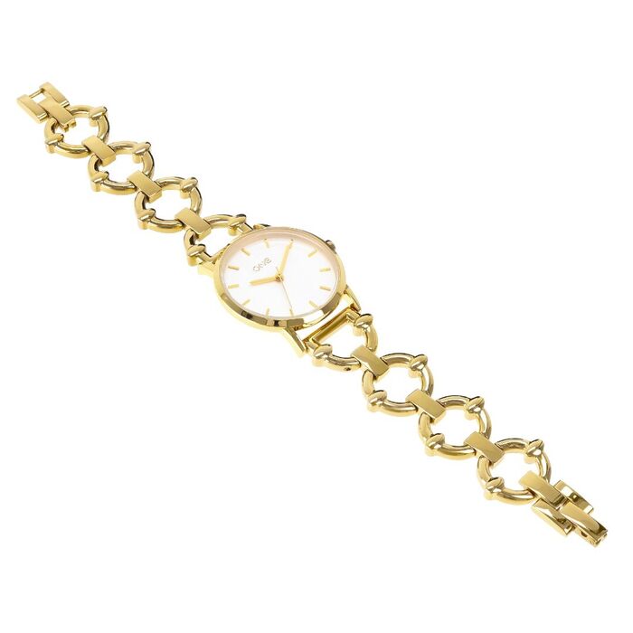 Detalhe da caixa redonda de relógio feminino One dourado com uma bracelete de elos semi-circulares.
