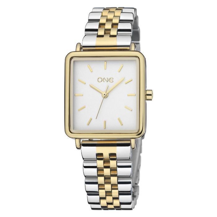 Relógio analógico feminino One de bracelete prateada e dourada e com caixa retangular.