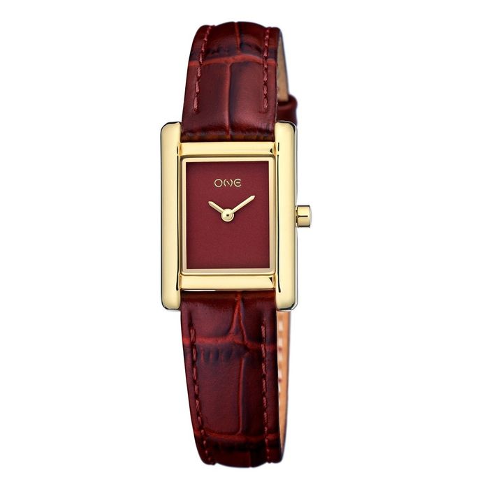 Relógio One com bracelete de pele em bordeaux e com caixa retangular dourada e mostrador analógico.