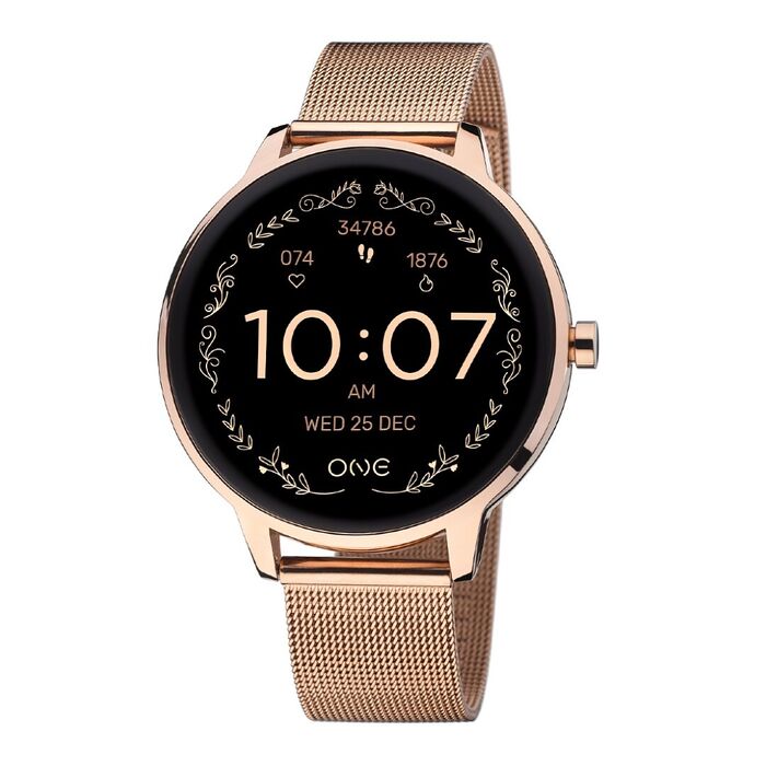 Smartwatch feminino One em rose gold de bracelete em malha milanesa e com uma caixa circular.
