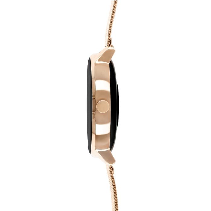 Relógio smartwatch feminino da One, de perfil, com uma bracelete rose gold de malha milanesa.