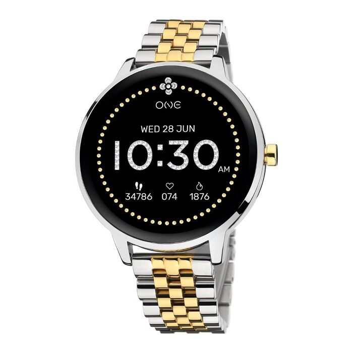 Smartwatch feminino One de bracelete prateada e dourada e com uma caixa circular.
