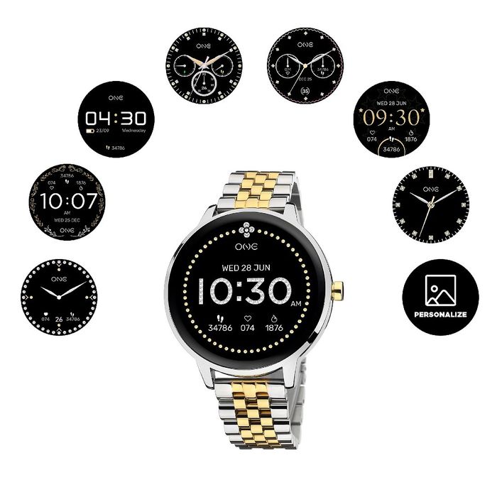 Smartwatch feminino One prateado e dourado com diferentes tipos de ecrãs personalizados à volta.