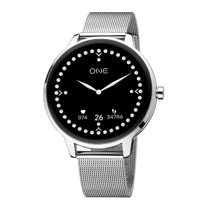 Smartwatch feminino One de bracelete prateada em malha milanesa e com uma caixa circular.