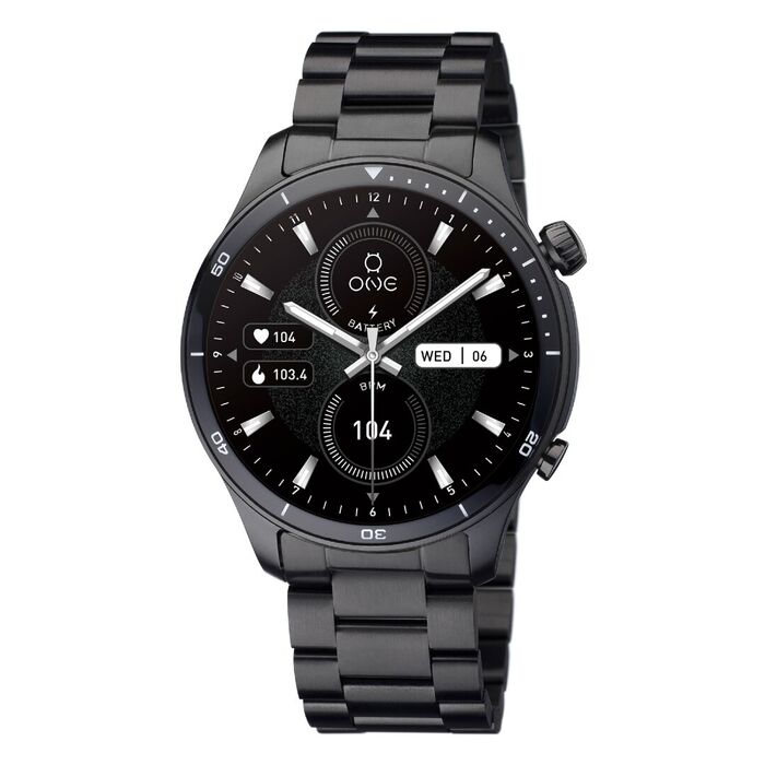 Smartwatch masculino One de bracelete em aço preto e com ecrã circular com indicadores diários.