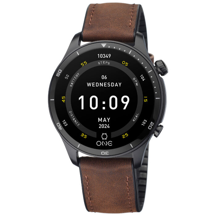 Smartwatch masculino One de bracelete em pele castanha e com ecrã circular com indicadores diários.