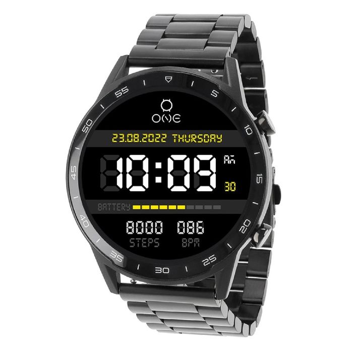 Smartwatch masculino One de bracelete em aço preto e com ecrã digital com indicadores diários.