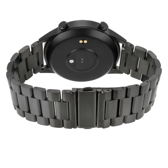 Vista traseira de um smartwatch masculino One pousado com uma bracelete de elos em aço preto.