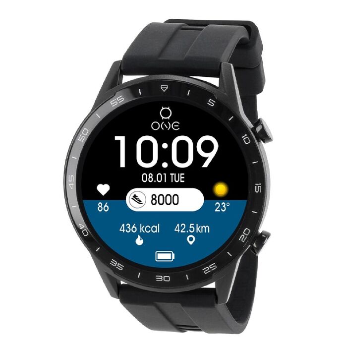 Smartwatch masculino One de bracelete em silicone preto e com ecrã digital com indicadores diários.