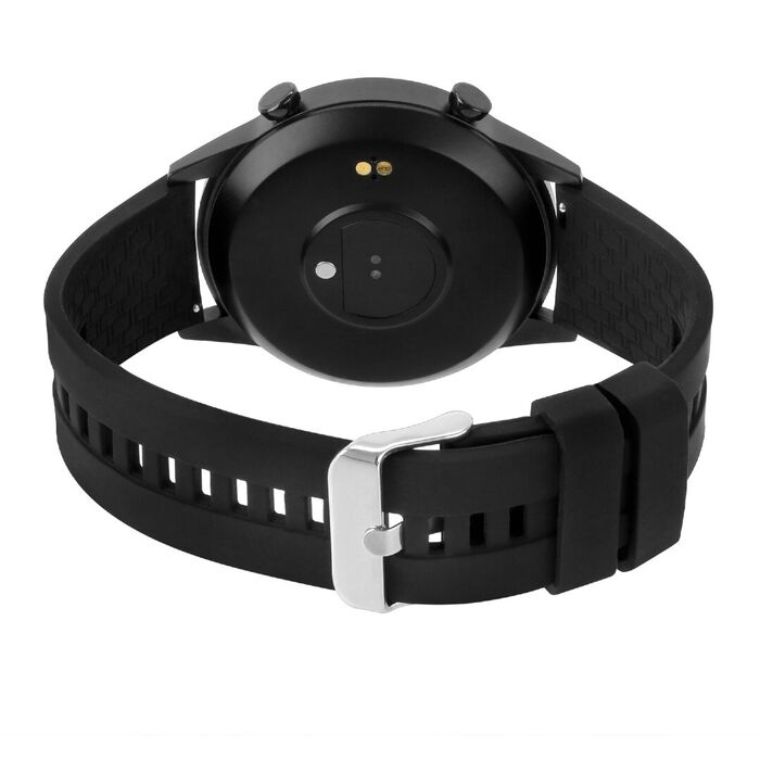 Vista traseira de um smartwatch masculino One pousado com uma bracelete em silicone preto.