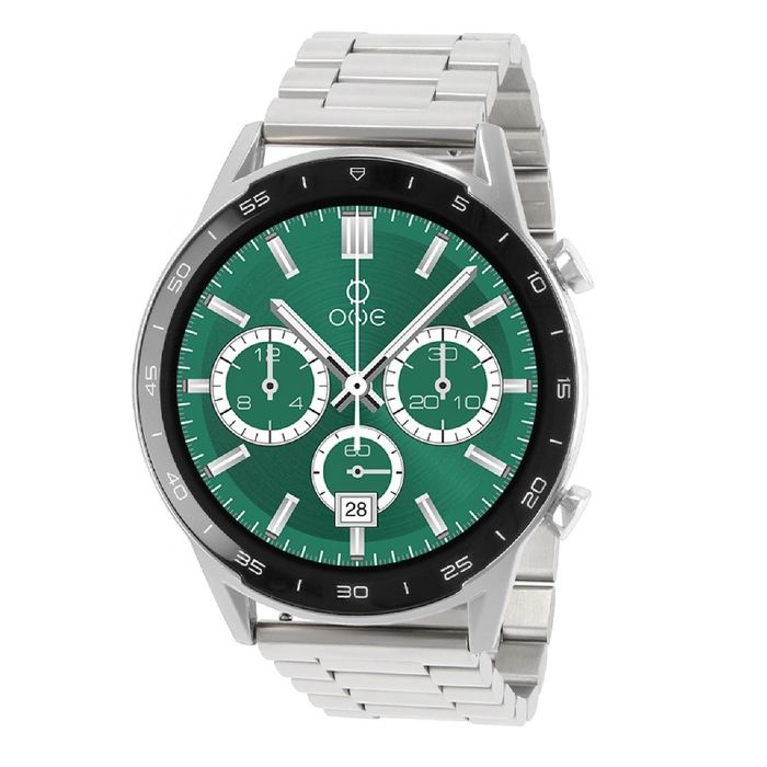 Smartwatch masculino One de bracelete em elos prateados e com ecrã digital verde com cronógrafo.