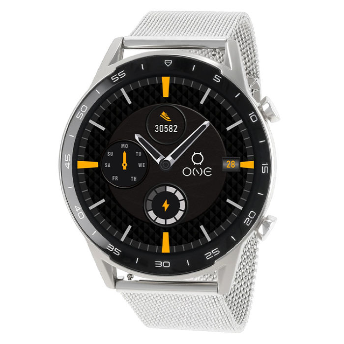 Smartwatch masculino One de bracelete em malha milanesa prateada e com ecrã com indicadores do dia.
