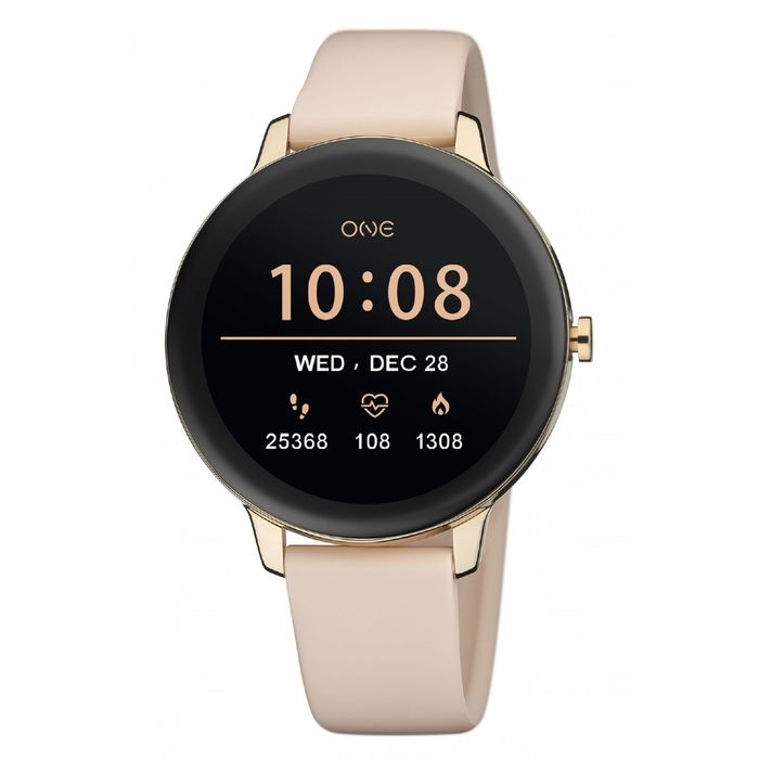 Smartwatch feminino One de bracelete em silicone rosa e com caixa circular com indicadores no ecrã.