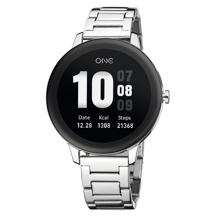 Smartwatch feminino prateado One de bracelete em malha milanesa prateada e com uma caixa circular.