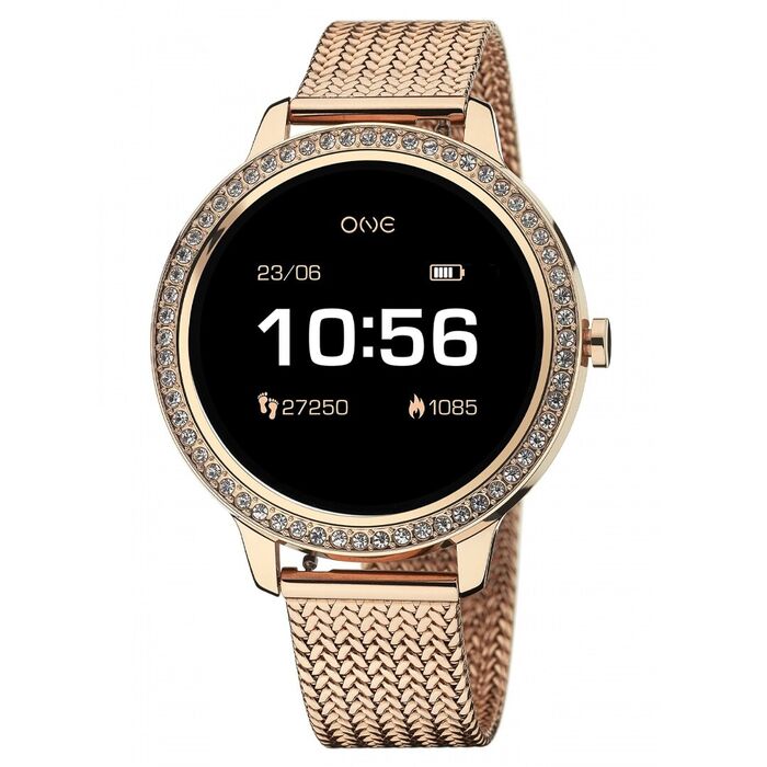 Smartwatch feminino One de bracelete rose gold e com uma caixa circular com zircónias e ecrã preto.