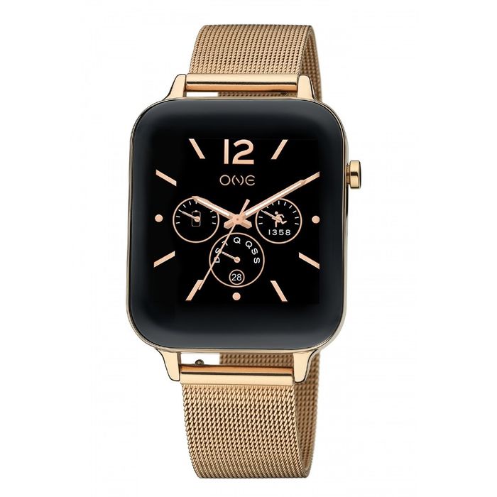 Smartwatch One de bracelete em malha milanesa rosa e com caixa retangular com um ecrã preto digital.