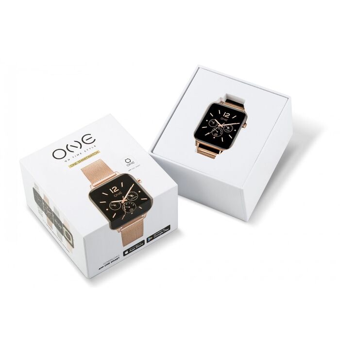 Caixa aberta com um smartwatch One em rose gold e de caixa retangular com um ecrão com indicadores.
