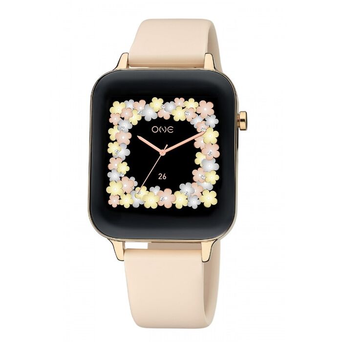 Smartwatch One feminino de bracelete em silicone rosa e de caixa retangular com ecrã com flores.