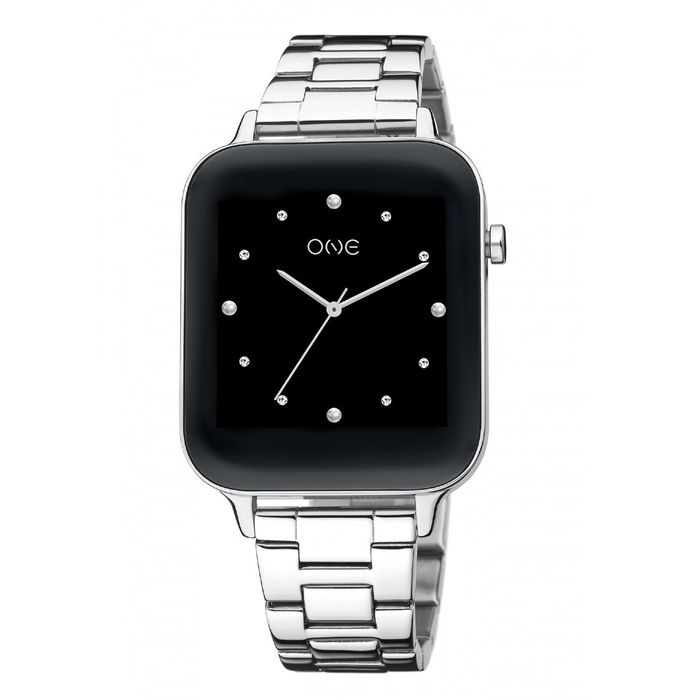 Smartwatch One feminino de bracelete de malha em elos prateados e com caixa retangular com índices.