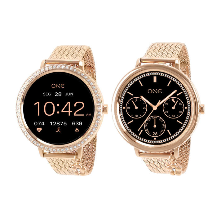 Dois smartwatches One rose gold, um com zircónias no bisel, cada um com diferentes imagens no ecrã.