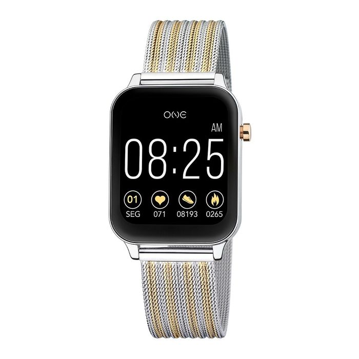 Smartwatch feminino One de bracelete em aço bicolot e com uma caixa retangular com números no ecrã.