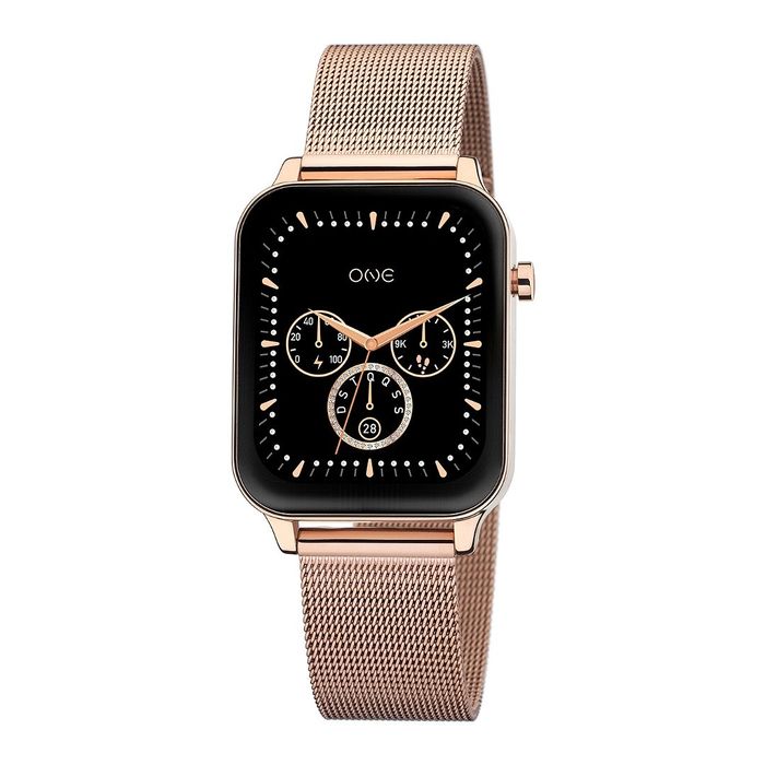 Smartwatch feminino One de bracelete em rose gold e com uma caixa retangular com números no ecrã.