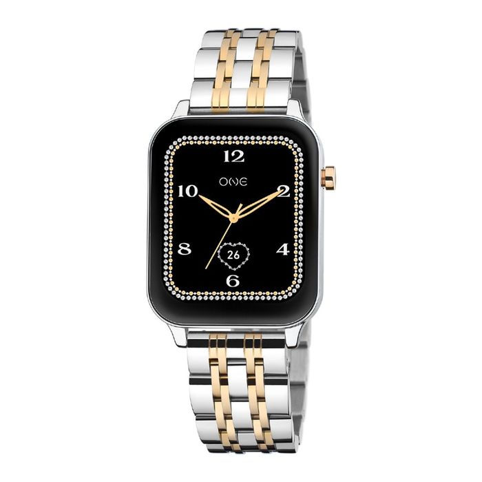 Smartwatch feminino One de bracelete prateada e dourada e com caixa retangular com números no ecrã.