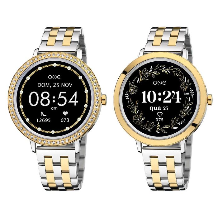 Dois smartwatches One em aço dourado e prateado com zircónias no bisel e diferentes imagens no ecrã.