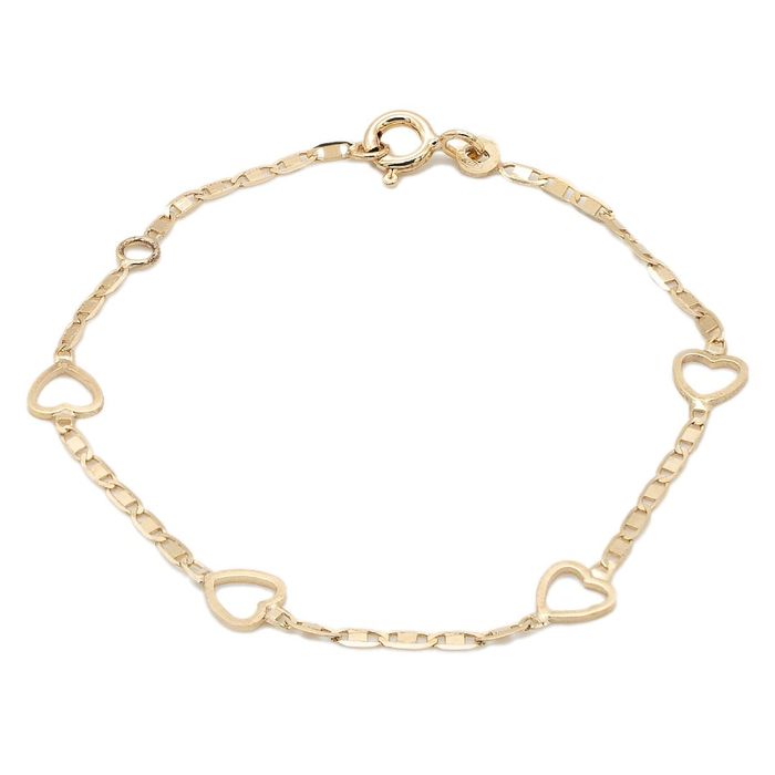 Pulseira de criança em ouro de 9kl da Zerus Jewelery com pequenos pendentes em forma de corações.