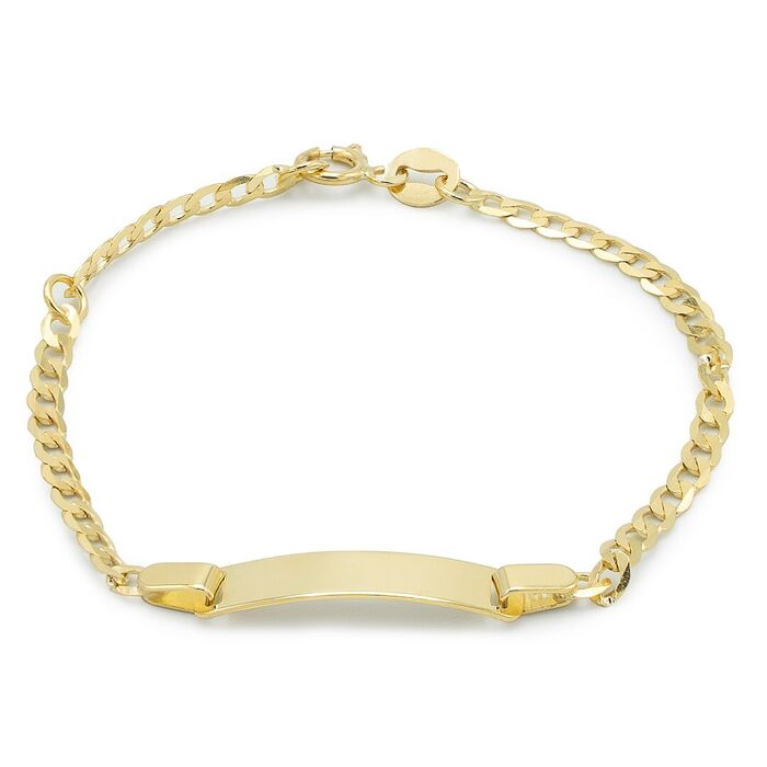 Pulseira de criança em ouro amarelo de 9kl da Zerus, com uma malha de barbela e uma chapa.