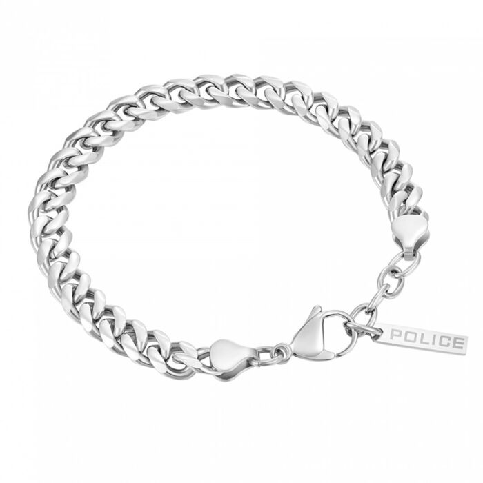 Pulseira prateada Police com uma malha em elos grandes e um pendente com o nome da marca.