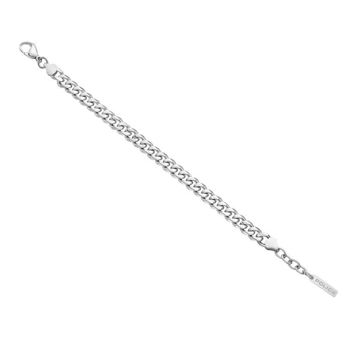 Pulseira prateada Police, esticada, com uma malha em elos grandes e um pendente com o nome da marca.