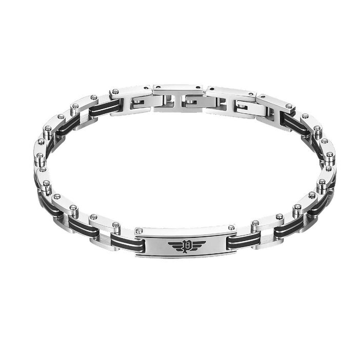 Pulseira Police prateada com elos com faixas pretas e uma chapa com o logo da marca.